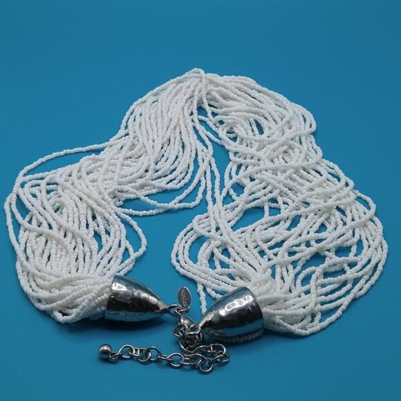 Chico's White Seed Bead Necklace, 30 Strands, Hammered Silver End Caps, 26 Inch - Picture 6 of 12